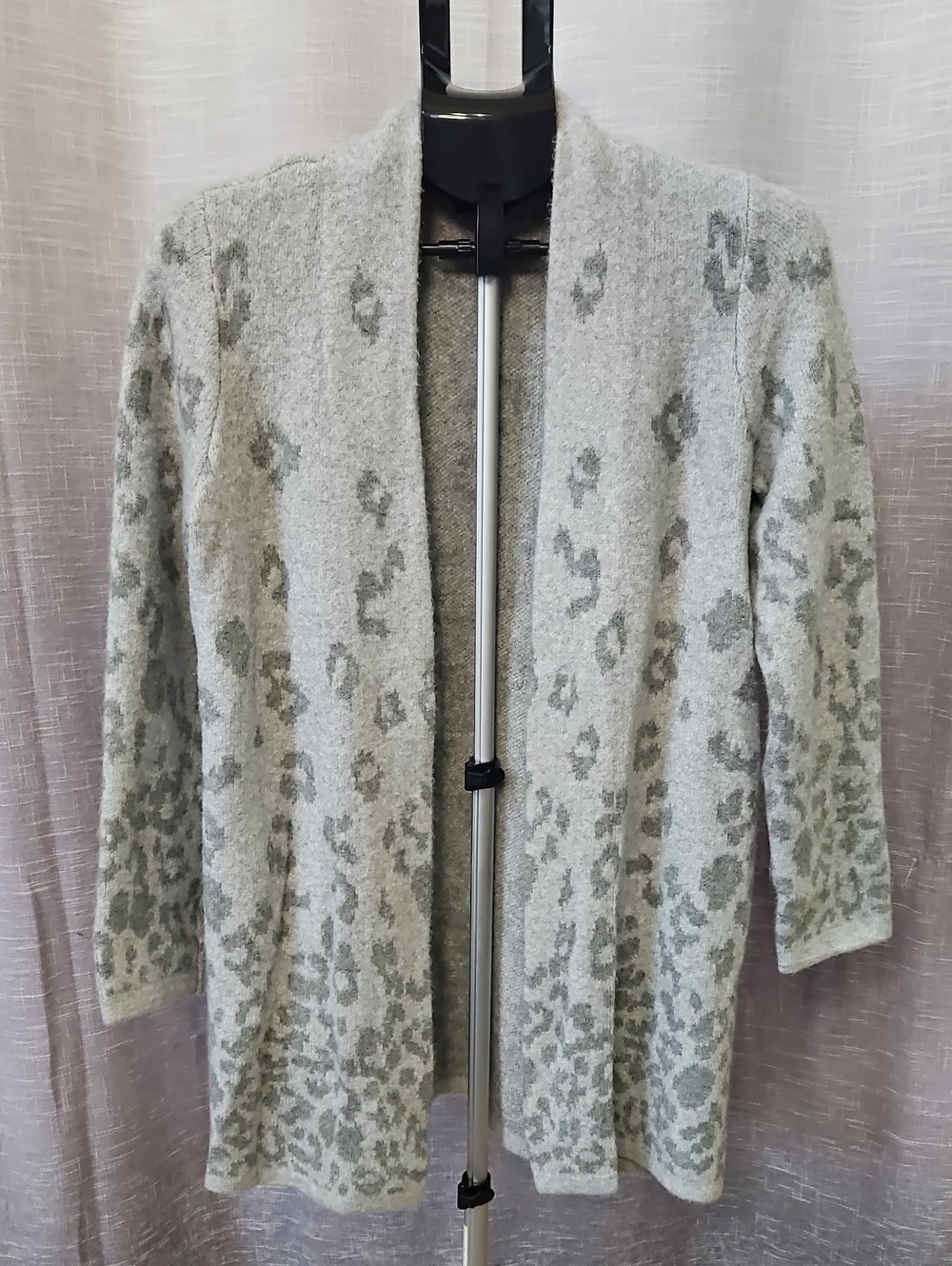 Talbots Light Gray Leopard-Print Open-Front Cardigan